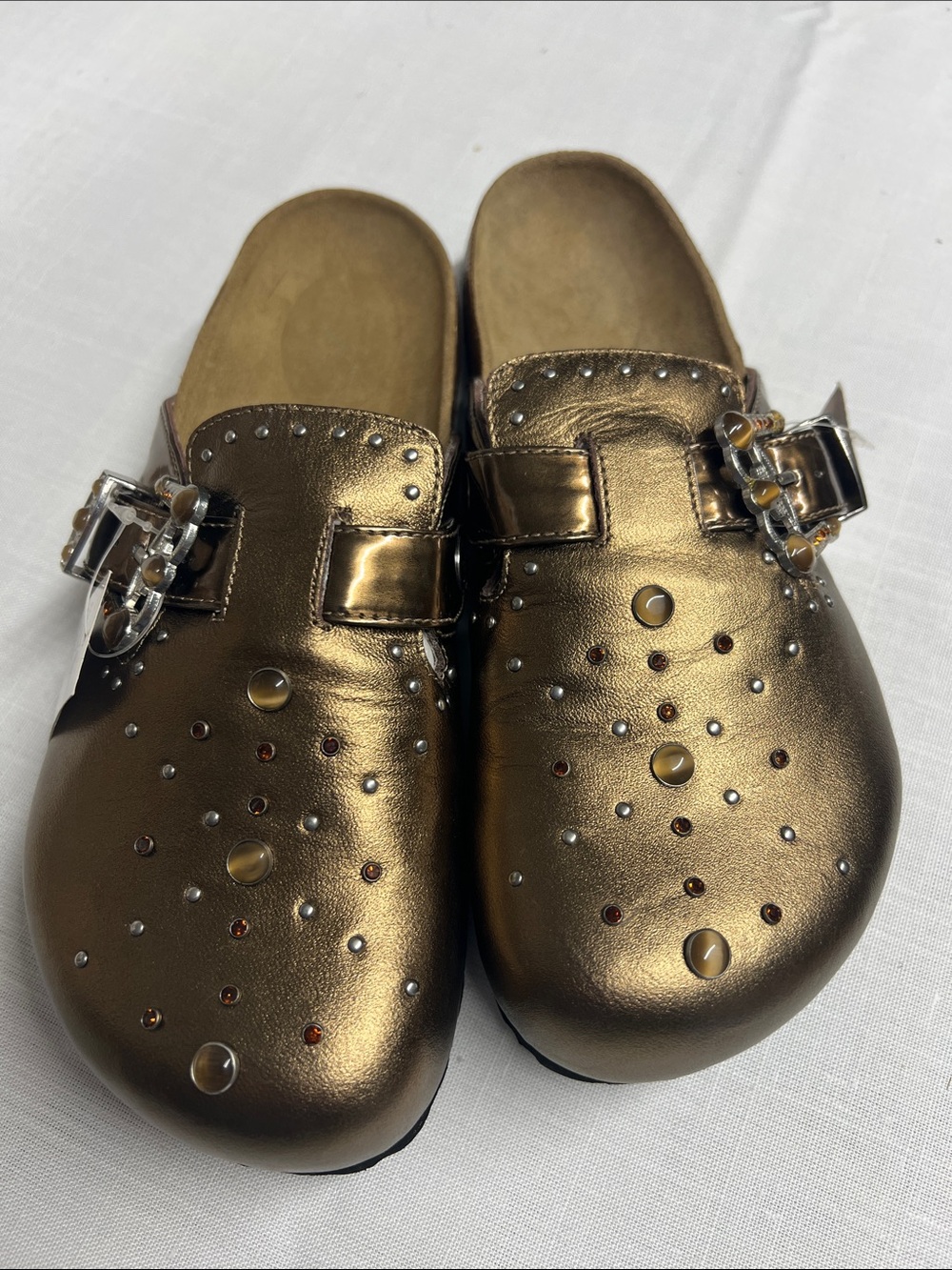 Studded Bronze Slip-On Clog Mule with Buckle Detail